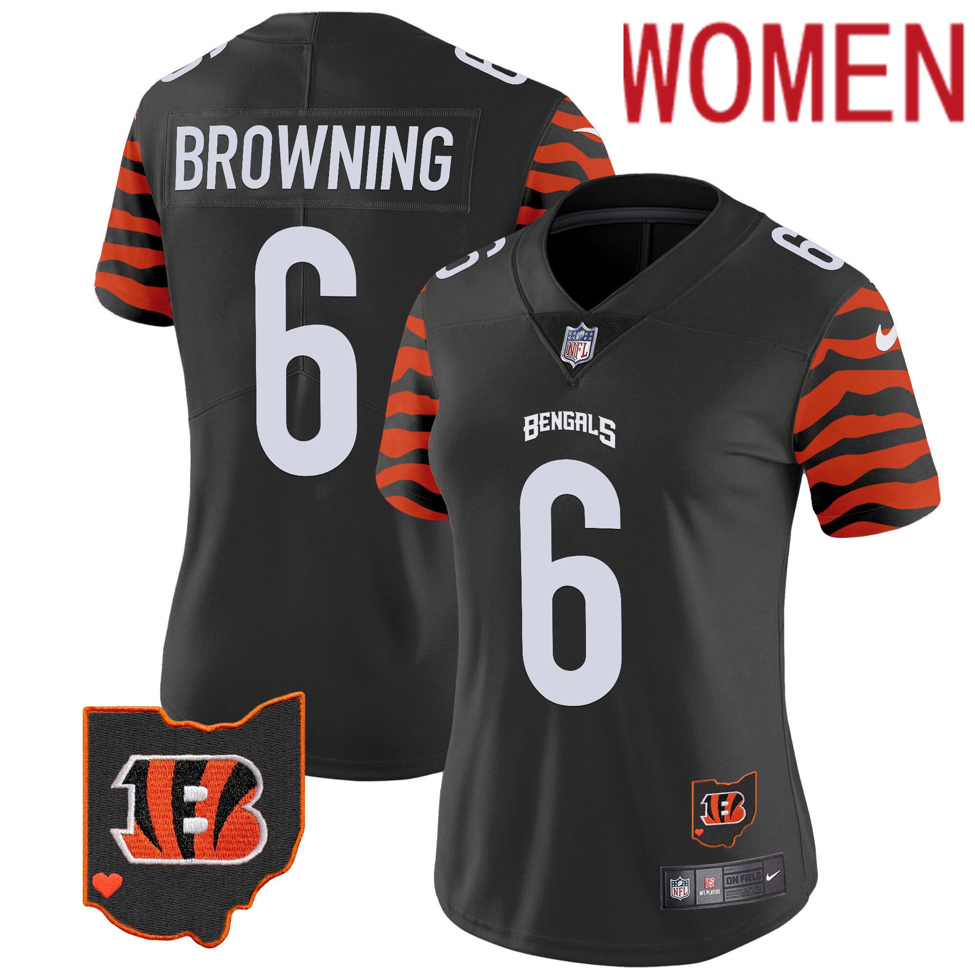 Women Cincinnati Bengals #6 Browning Black 2024 Nike Stripes Vapor Limited NFL Jersey